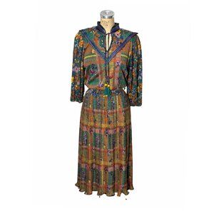 Vintage Diane Freis knit dress with floral geo print and pleated skirt Size M/L